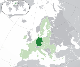  ජර්මනිය  (dark green) හි පිහිටීම – in Europe  (green & dark grey) – in the යුරෝපියානු සංගමය  (green)  –  [Legend] තුල